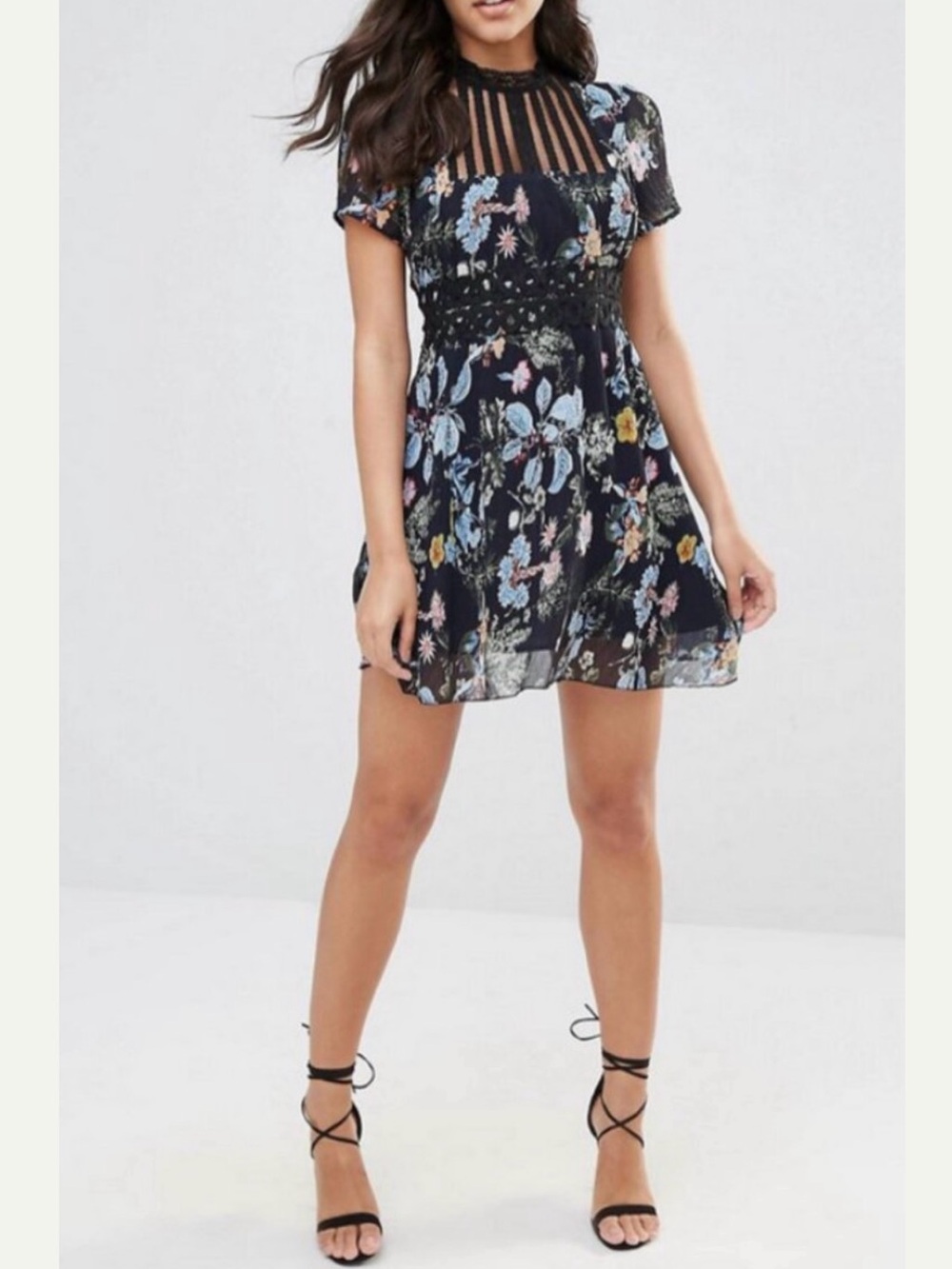 Anthropologie Foxiedox Black Floral Short-Sleeve Mini Dress Size Small